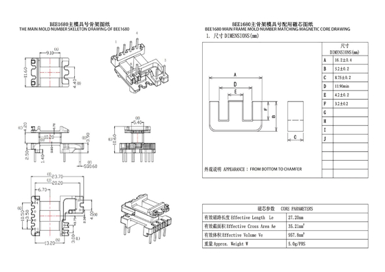 BEE1680 EE16 Verticale Secundaire Verbreedde 4+2+2PIN Distributie Hoofdstroomtransformator