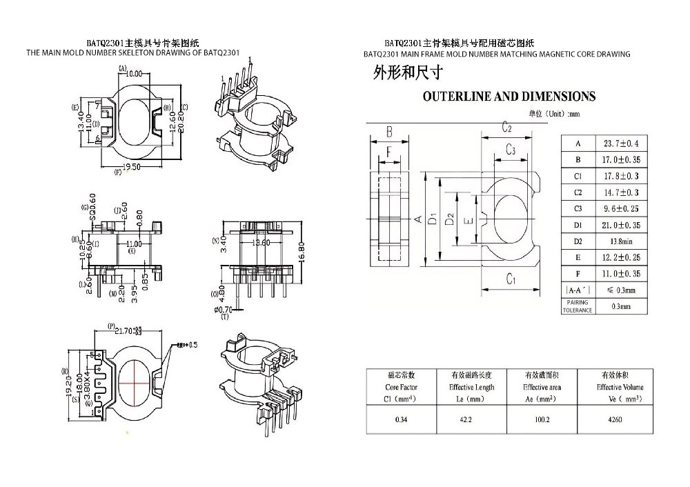 BATQ2301 ATQ23.7 Verticale eenzijdige 5+2 centrale pinnen stroomverdelingstransformator met hoge frequentie