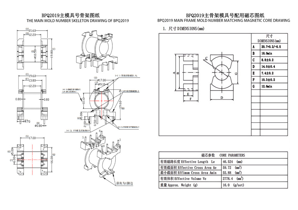 BPQ2019 PQ20 Horizontale 4 4 PIN Stroomtransformator en Distributietransformator Optimaal voor Industrieel